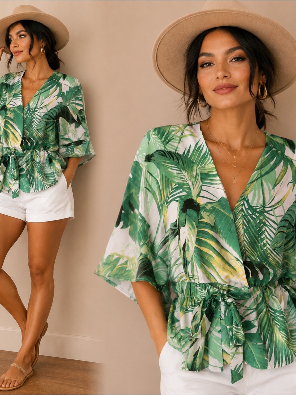 Sweet Rain Green Palm-Print Wrap Blouse